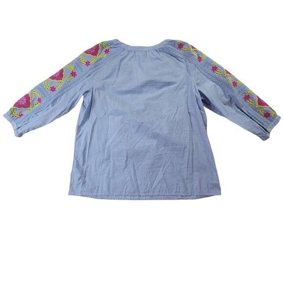 Talbots Blue Cotton Embroidered 3/4 Sleeve Popover Boho Tassel Top Size L - Picture 6 of 8